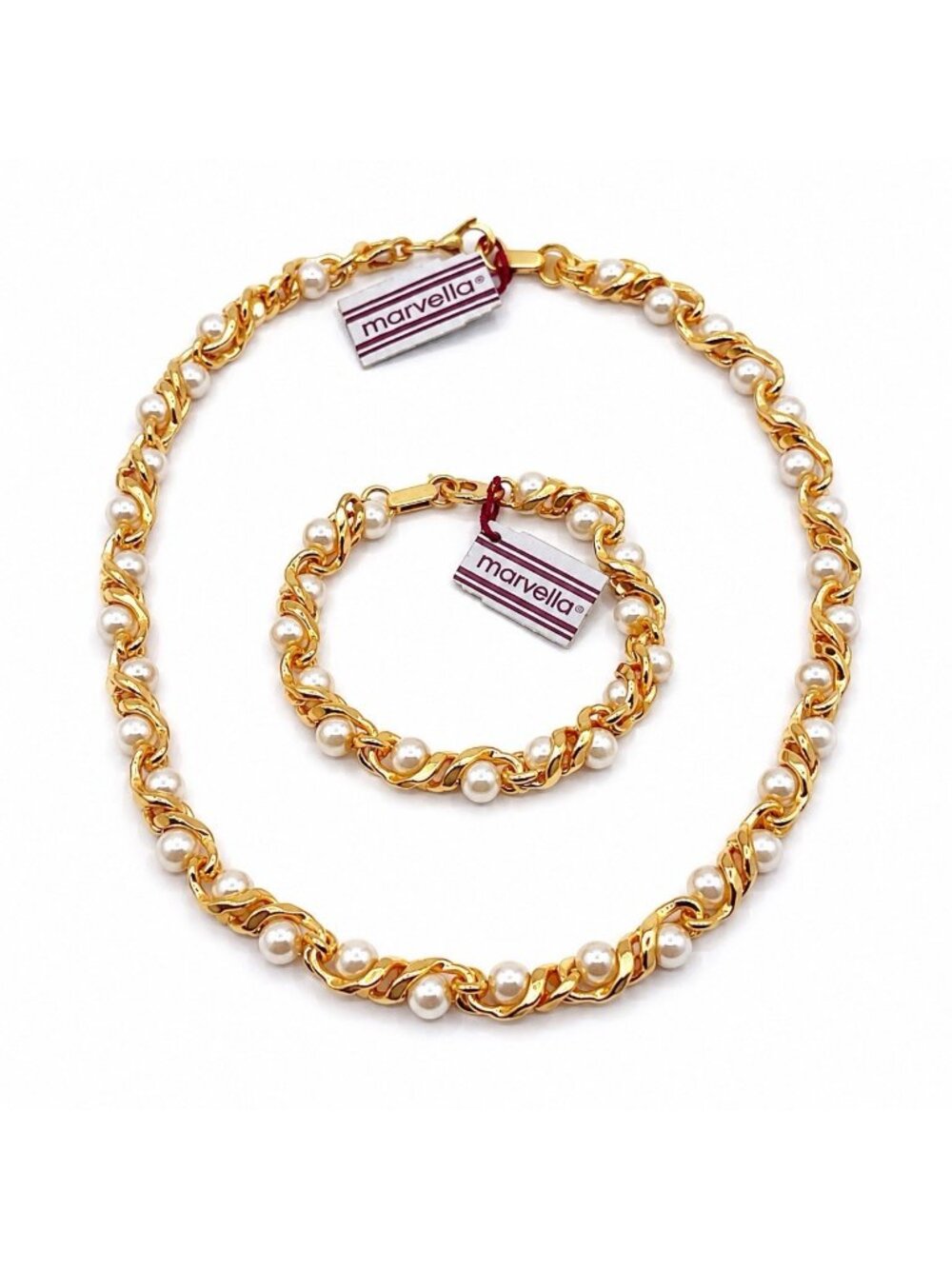 Vintage Marvella NOS Gold Tone Faux Pearl Necklace Bracelet Set Signed Tags